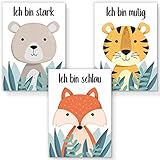 Positiv-Kind® Tierische Affirmationsbilder | 3er Poster Set Kunstdruck Bilder | Kinderzimmer Deko & Babyzimmer Deko | 3x DIN A4 Bilder Set für Mädchen & Junge | Tiere und Motivationssprüche 1