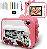 KinderKamera,DigitalKamera Print Sofortbildkamera 1080P 2.4 Zoll Bildschirm Videokamera Schwarzweiß Fotokamera mit 32GB Speicherkarte,3 Rollen Druckpapier,5 Farben Pinselstift Geschenk für Kinder