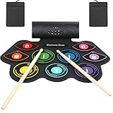 Anpro Elektronisches Schlagzeug Set, 9 Pads Elektrische Trommel Tragbares Roll-Up-Schlagzeug Entwicklungsspielzeuge mit MIDI, eingebautem Lautsprecher für Kinder, Anfänger