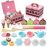 Teeservice Kinder Tee Set Holz mit Süßigkeitenkiste 30 TLG Tee Party Kinder Spielset Pudding Kuchen Keks Rollenspiele Geschenk für Jungen Mädchen ab 3 Jahre