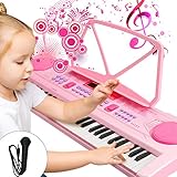 WOSTOO Kinder Keyboard, Multifunktions Digital Piano 61 Tasten Keyboard Set mit Mikrofon Notenständer Für Kinder Geschenk,ideal für Kinder, Musikalisches Spielzeug - Rosa