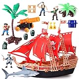 Piratenschiff-Action-Figuren Spielzeug - Piratenschiff Kunststofffiguren Spielset Lernspielzeug mit Hai, Bäumen, Kanone, Boot und anderem Zubehör - Geschenke für Kinder Jungen und Mädchen