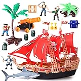 Piratenschiff-Action-Figuren Spielzeug - Piratenschiff Kunststofffiguren Spielset Lernspielzeug mit Hai, Bäumen, Kanone, Boot und anderem Zubehör - Geschenke für Kinder Jungen und Mädchen