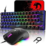 60% mechanische Gaming Tastatur, Blue Switch, Mini Kompakte 62 Tasten, kabelgebunden, USB C, RGB Beleuchtung Ergonomische Keyboard + leichte optische RGB-Maus mit 6400 DPI + großes Mauspad - Schwarz