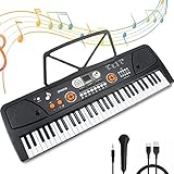 Digital Keyboard, Elektronische Klaviertastatur 61 Tasten,Tragbare Elektronische Klaviertastatur inklusive Notenhalter Mikrofon & Ständer, Spielzeug Geschenk für Kinder und Einsteiger （Schwarz）