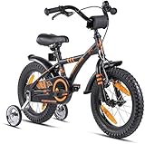 Prometheus Kinderfahrrad 14 Zoll Jungen mit Stützräder ab 3-4 Jahre Mädchen Rücktritt 14zoll BMX Modell 2022 in Schwarz Matt Orange