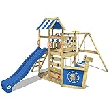 WICKEY Spielturm Klettergerüst SeaFlyer mit Schaukel & Blauer Rutsche, Outdoor Kinder Kletterturm mit Sandkasten, Leiter & Spiel-Zubehör für den Garten