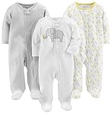 Simple Joys by Carter's Unisex Baby Schlaf-und Spielanzug aus Baumwolle mit Füßen, 3er-Pack, Elefant/Streifen/Giraffe, 0-3 Monate