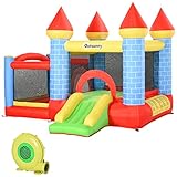 Outsunny Aufblasbare Hüpfburg mit Rutsche Pool für 3 Kinder Burg Springburg mit Gebläse Spielburg Spielhaus für 3-8 Jahre Oxford-, Polyester-Gewebe Rot+Blau+Grün 280 x 260 x 210 cm