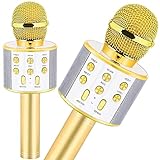 Retoo 2 in 1 Drahtloses Golden Bluetooth Karaoke Mikrofon mit 5W Lautsprecher, Audio Kabel, 4 Soundeffekte und bis 14 Stunden Spaß, Geschenke für Teenager Mädchen Jungen, Kompatibel mit Android/IOS