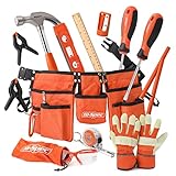 Hi-Spec 16-teiliges Werkzeugset mit Werkzeuggürtel für Kinder, Arbeitshandschuhe aus echtem Leder, Schutzbrille, Holzlineal, ECHTES Werkzeug