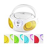 auna Roadie - CD Player Bluetooth, Ghettoblaster tragbar, Boombox, LED-Beleuchtung, USB, MP3, UKW Radiotuner, 2 x 1,5 Watt RMS, Netz & Batterie, weiß