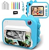 KinderKamera,DigitalKamera Print Sofortbildkamera 1080P 2.4 Zoll Bildschirm Videokamera Schwarzweiß Fotokamera mit 32GB Speicherkarte,3 Rollen Druckpapier 5 Farben Pinselstift Geschenk für Kinder