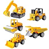 HERSITY Mini Bagger LKW Baufahrzeuge Spielzeug Set Metall Baustellen Fahrzeuge Spielzeugautos Deko für Kinder Jungen 3 Jahre, 5 Pcs