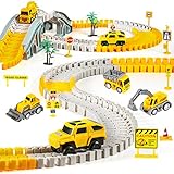 Kizplays 260pcs Autorennbahn Rennbahn 6 Cars Bagger Spielzeug ab Spielzeugautos Autobahn ab 3 4 5 6 Jahre Junge Mädchen,Flexible Track Kran Spiele , Elektroauto Cars Autorennbahn für Kinder Geschenk