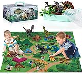 TEMI Dinosaurier Spielzeugfigur mit Aktivität Spielmatte & Bäume, pädagogisch realistisches Dinosaurier-Spielset zur Schaffung Einer Dino-Welt mit T-Rex, Triceratops, Velociraptor für Kinder 3+