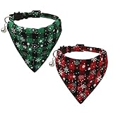 AIEX 2 Stück Weihnachtshalsband Katze Breakaway, Verstellbares Katzenhalsband mit Glöckchen Rot-GrÜnes Karomuster Schneeflocke Weihnachts Haustierhalsbänd Katzen Bandana Halsband fÜr Kätzchen Katze