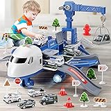 ISAKEN Transport Flugzeug Spielset, Kinder Fahrzeuge Lernspielzeug Spielzeugauto Set, Jungen Fahrzeug Spielzeug Set mit Mini Autos Spielzeug Verkehrszeichen Kleinkind Spielzeug Geschenke für Kinder