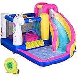 Outsunny Hüpfburg mit Gebläse Rutsche Pool für 4 Kinder aufblasbare Springburg für 3-10 Jahre Kinder Outdoor Wasserpark für Kinder Oxford-, Polyester-Gewebe Mehrfarbig 345 x 300 x 210 cm