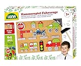 Lena 65826 Hammerspiel Fahrzeuge, Nagelspiel mit 64 farbigen Teilen in verschiedenen Formen, Grundplatte aus Kork, ca. 28 x 19,5 x 1,4 cm, Hammer und Nägel, Hämmerchenspiel für Kinder ab 3 Jahre, Bunt