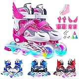 Inline Skates Kinder Einstellbarer Größe Rollschuhe Mit Leucht PU Räder Dreifach Schutz Leichte Anfänger Rollerskates für Mädchen/Jungen