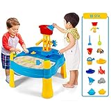 COSTWAY 2-in-1 Sand- und Wasserspieltisch mit Sonnenschirm, 18 teiliger Sandkastentisch für Kinder, Kinderspieltisch, Strandspielzeug-Set, Sandkasten Spielzeug (Ohne Sonnenschirm)