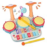 Rabing Kindertrommel Set, 5 in 1 Baby Musical Trommel & Klavier Toy Musik Schlagzeug mit Blinkenden Lichtern und Mikrofon, Kinder Musik Frühpädagogisches Spielzeug für 1-6 Jahre