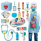 Arztkoffer Kinder Holz Doktor Spielzeug mit Stethoskop, Tablett aus Edelstahl, Orgelschürzen und Praktischem für Kinder Rollenspiel Medizinisches Geschenk über 3 Jahre