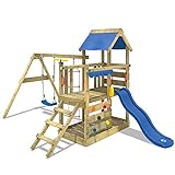WICKEY Spielturm Klettergerüst TurboFlyer mit Schaukel & Blauer Rutsche, Outdoor Kinder Kletterturm mit Sandkasten, Leiter & Spiel-Zubehör für den Garten