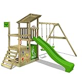 FATMOOSE Spielturm Klettergerüst FruityForest Fun XXL mit Schaukel & apfelgrüner Rutsche, Outdoor Kinder Kletterturm mit Sandkasten, Leiter & Spiel-Zubehör für den Garten