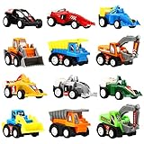 Mini Auto Spielzeug für Kinder, Kleinkinder, Jungen | Ultimatives 12er Set Spielzeugautos|6 Baufahrzeuge und 6 Rennautos | Zum Aufziehen und Fahren Lassen | Ab 3 Jahren
