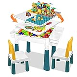 UISEBRT Kindertisch mit 2 Stühle Spieltisch mit 163 Stück Bausteine Multifunktionaler Aktivitätstisch Set für Kinder Baustein Tisch Stuhl Set Basteltisch für Kinderzimmer und Kindergarten