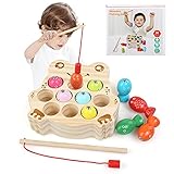 LinStyle Kinder Holzspielzeug Angelspiel, Spielzeug ab 2 Jahre, Montessori Lernspielzeug Frosch Fische Angeln Spiel, Weihnachts Spielzeug Geschenk Mädchen Junge 2 3 4 5 Jahre