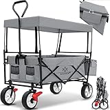 KESSER® Bollerwagen faltbar mit Dach Handwagen Transportkarre Gerätewagen | inkl. 2 Netztaschen und Einer Außentasche | Mit Vorderrad-Bremse | klappbar | Vollgummi-Reifen | bis 100 kg Tragkraft Grau