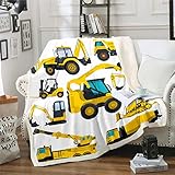 Kinder Bagger Plüsch Bettdecke,LKW-Traktor Sherpa Decke 130×150 Für Kinder Jungen Mädchen Teens,BAU Fahrzeug Fleece Flanell Decke Ausrüstung Auto Kran Werfen Decke