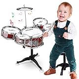 Kinderschlagzeug, Drumset Spielzeug 8 Stück mit Kinderhocker, Jazz Schlagzeug Musikinstrument Geschenk für Kinderspielzeug ab 3 4 5 6 Jahre, Musik Kinderspielzeug Lernspielzeug für Kleinkinder