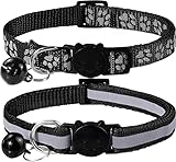 Taglory Reflektierend Katzenhalsband mit Sicherheitsverschluss und Glöckchen, 2-Stück Verstellbar Halsband Katze Kitten, 19-32cm Schwarz