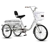 ZCXBHD Pedal Dreirad Für Erwachsene Trike Bike Seniorenrad Lastenfahrrad Fahrradkreuzer 20 Zoll 3 Rad Fahrräder Mit Frachtkorb Und Rückenlehne Zum Frauen Männer (Color : White)