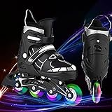 Inline-Skates für Kinder verstellbar mit voll leuchtenden Rädern Beleuchtende Rollschuhe für Jungen und Mädchen (Klein(31-34), Schwarz Weiß)
