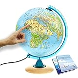 ORBIT GLOBES & MAPS Kinder-Globus - 25cm Globus mit Holzfuß, Deutsches Kartenbild von 2021 mit vielen Abbildungen für Kinder mit LED Leuchte mit Buch