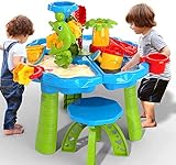 TEMI 3 in 1 Sand Wassertisch Sandspielzeug Kinder 28 Stück Wasser Spielzeug Sandkasten Spielzeug Strandspielzeug Set Sommer Spielzeug für Draußen Strand Aktivität Tisch für Kinder Mädchen Junge