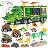 Aoskie Dinosaurier Spielzeug ab 3 4 5 Jahre, 23 Stück Truck Spielzeug mit Lichtern und Tönen, 3 Spielzeugautos, 12 Dinosaurier Figuren für Kinder