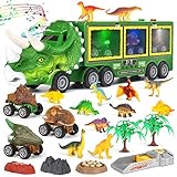 Aoskie Dinosaurier Spielzeug ab 3 4 5 Jahre, 23 Stück Truck Spielzeug mit Lichtern und Tönen, 3 Spielzeugautos, 12 Dinosaurier Figuren für Kinder