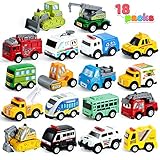 JOYIN 18 Stück Zurückziehen Stadtautos und Lastwagen Spielzeugfahrzeug-Set, Modellauto, reibungsbetriebene Druckgussautos für das Lernspiel von Kleinkindern, Jungen und Mädchen