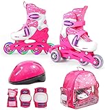SMJ Kinder Mädchen Set 2in1 Inliner Rollschuhe VERSTELLBAR Inline Skates mit LED Rollen + Schonerset + Helm + Tasche (26-29)