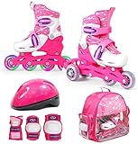 SMJ Kinder Mädchen Set 2in1 Inliner Rollschuhe VERSTELLBAR Inline Skates mit LED Rollen + Schonerset + Helm + Tasche (26-29)