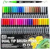 Dual Brush Pen Set 48 Farben Pinselstifte mit Zwei Spitzen Filzstifte Marker für Bullet Journal, Malbücher, Handlettering, Manga, Kalligraphie, Mandala, Skizzieren für Kinder und Erwachsene
